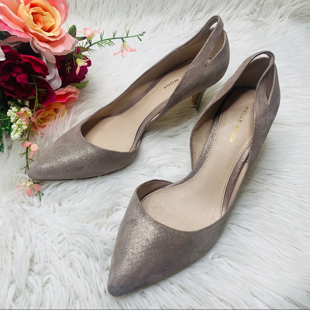 PELLE MODA Tan Suede Shimmer Heels Size 9.5
